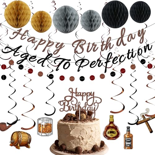 Whiskey Birthday Decorations for Men – Pre-Strung Banners, Honeycomb Balls & Spirals by TMTECHJS