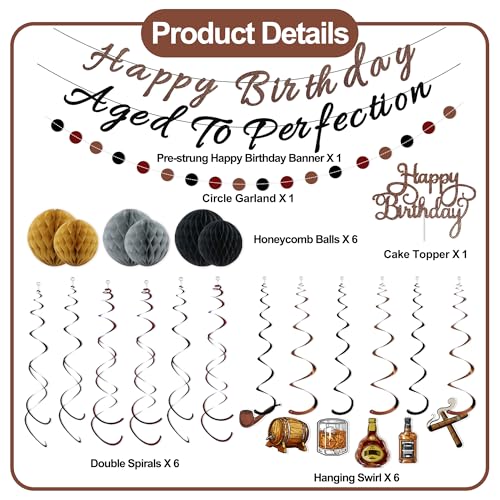 Whiskey Birthday Decorations for Men – Pre-Strung Banners, Honeycomb Balls & Spirals by TMTECHJS