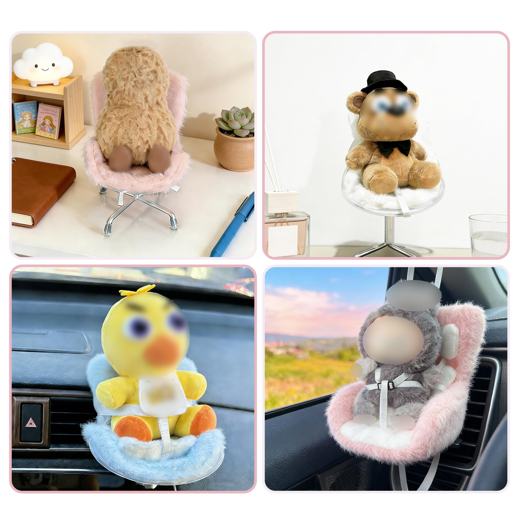 White Doll Car Seat for 3–8 Inch Figures – Car Vent Clip & Desktop Stand Included