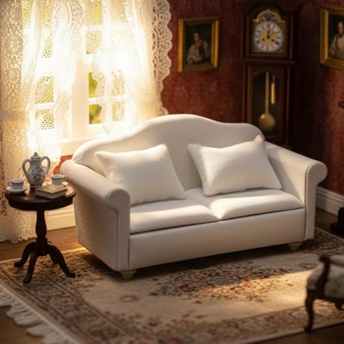 White Miniature Double Sofa with Pillows for Dollhouse - Cutemini Fabric Couch (5.24 inch)