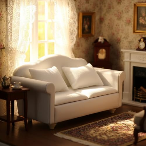 White Miniature Double Sofa with Pillows for Dollhouse - Cutemini Fabric Couch (5.24 inch)