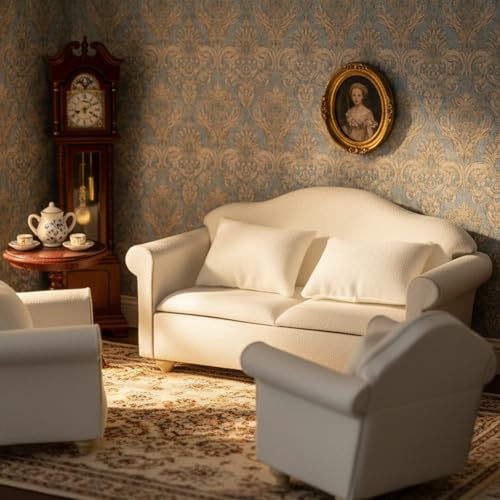 White Miniature Double Sofa with Pillows for Dollhouse - Cutemini Fabric Couch (5.24 inch)