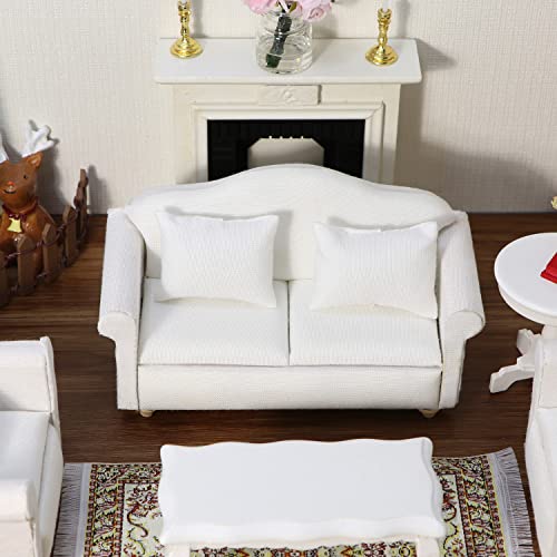 White Miniature Double Sofa with Pillows for Dollhouse - Cutemini Fabric Couch (5.24 inch)