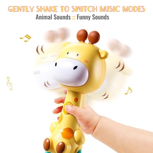 WHNKFB Baby Giraffe Musical Rattle Toy – Light-Up Teether with Soft BPA-Free Rubber, 4 Sounds & 3 Volume Levels for 6-18 Month Infants