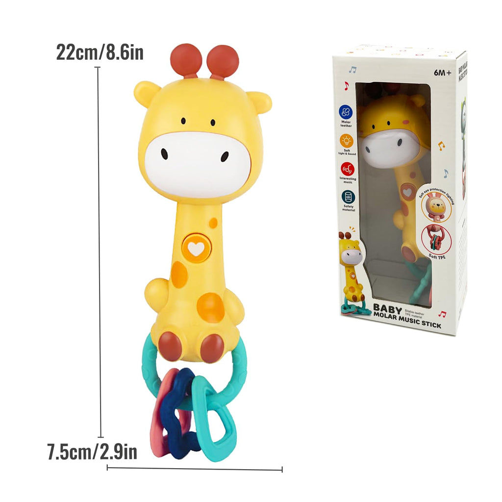 WHNKFB Baby Giraffe Musical Rattle Toy – Light-Up Teether with Soft BPA-Free Rubber, 4 Sounds & 3 Volume Levels for 6-18 Month Infants