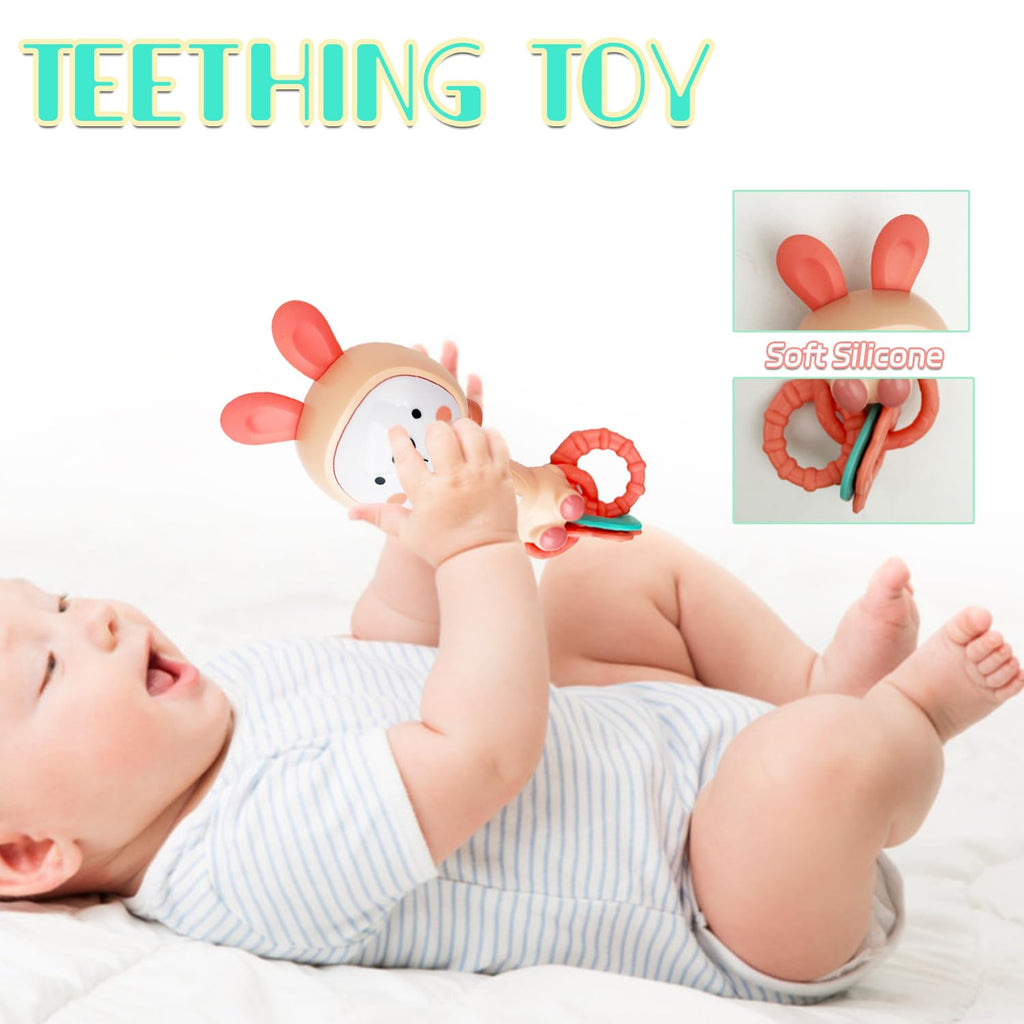 WHNKFB Soft Pink Bunny Musical Rattle Toy – Light-Up Teether, BPA-Free Rubber, for 6-18 Months