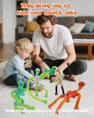 Whongkidz 4-Pack Skeleton Pop Tubes - Stretchy Sensory Fidget Toys with Suction Cups for Kids Age 3-9