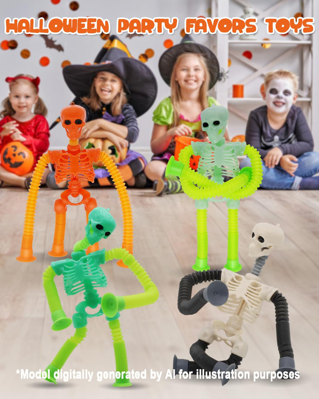 Whongkidz 4-Pack Skeleton Pop Tubes - Stretchy Sensory Fidget Toys with Suction Cups for Kids Age 3-9