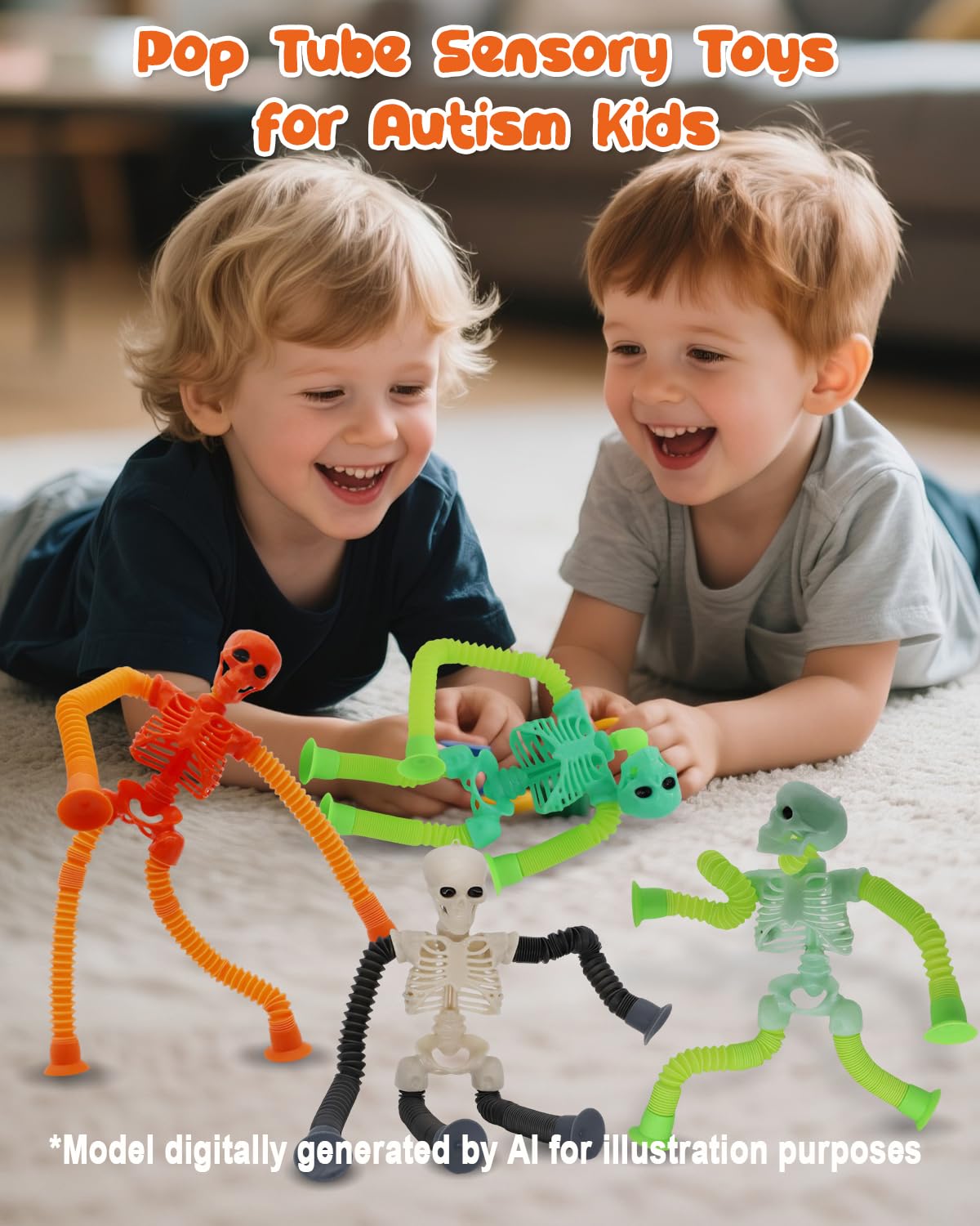 Whongkidz 4-Pack Skeleton Pop Tubes - Stretchy Sensory Fidget Toys with Suction Cups for Kids Age 3-9