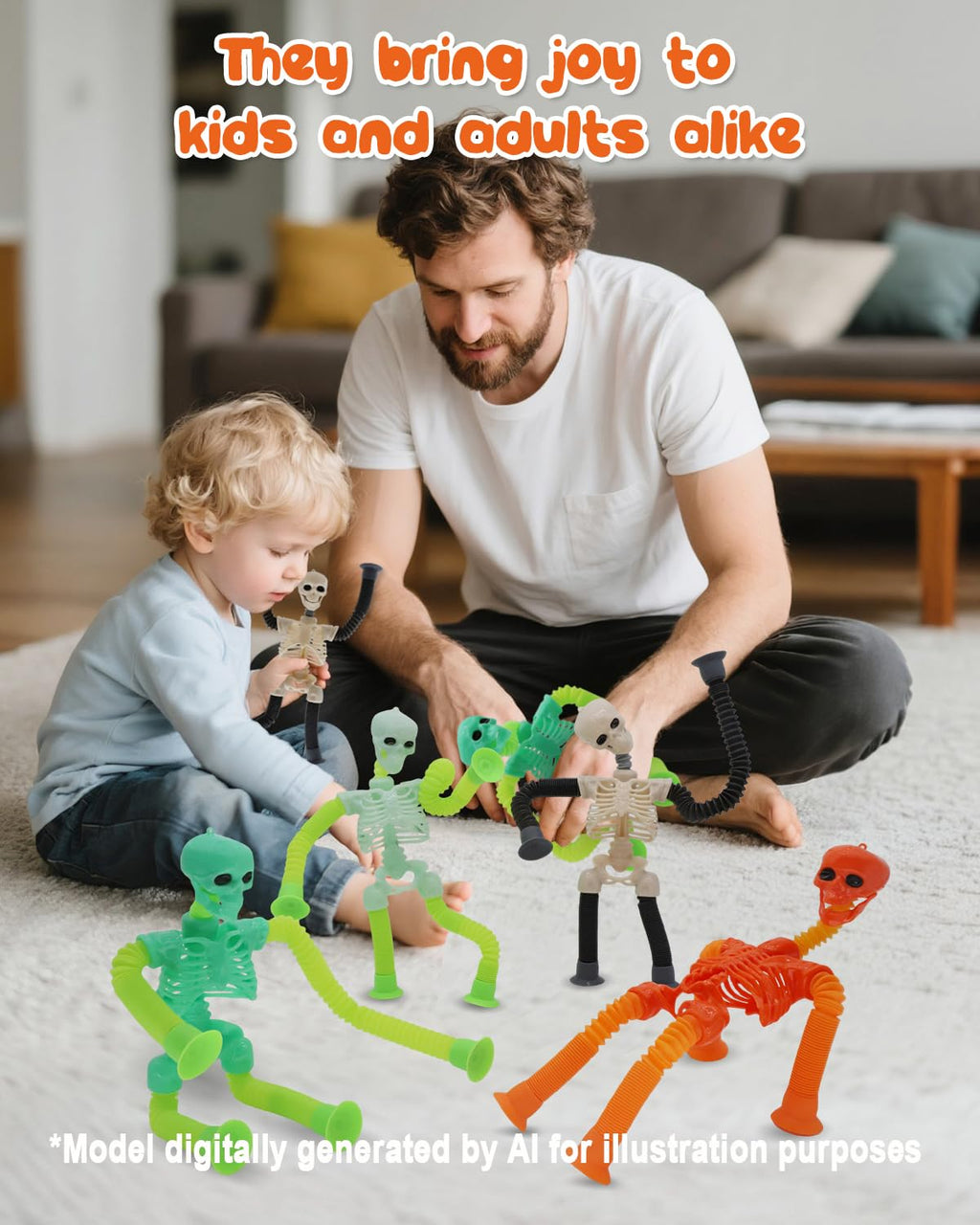Whongkidz 4-Pack Skeleton Pop Tubes - Stretchy Sensory Fidget Toys with Suction Cups for Kids Age 3-9