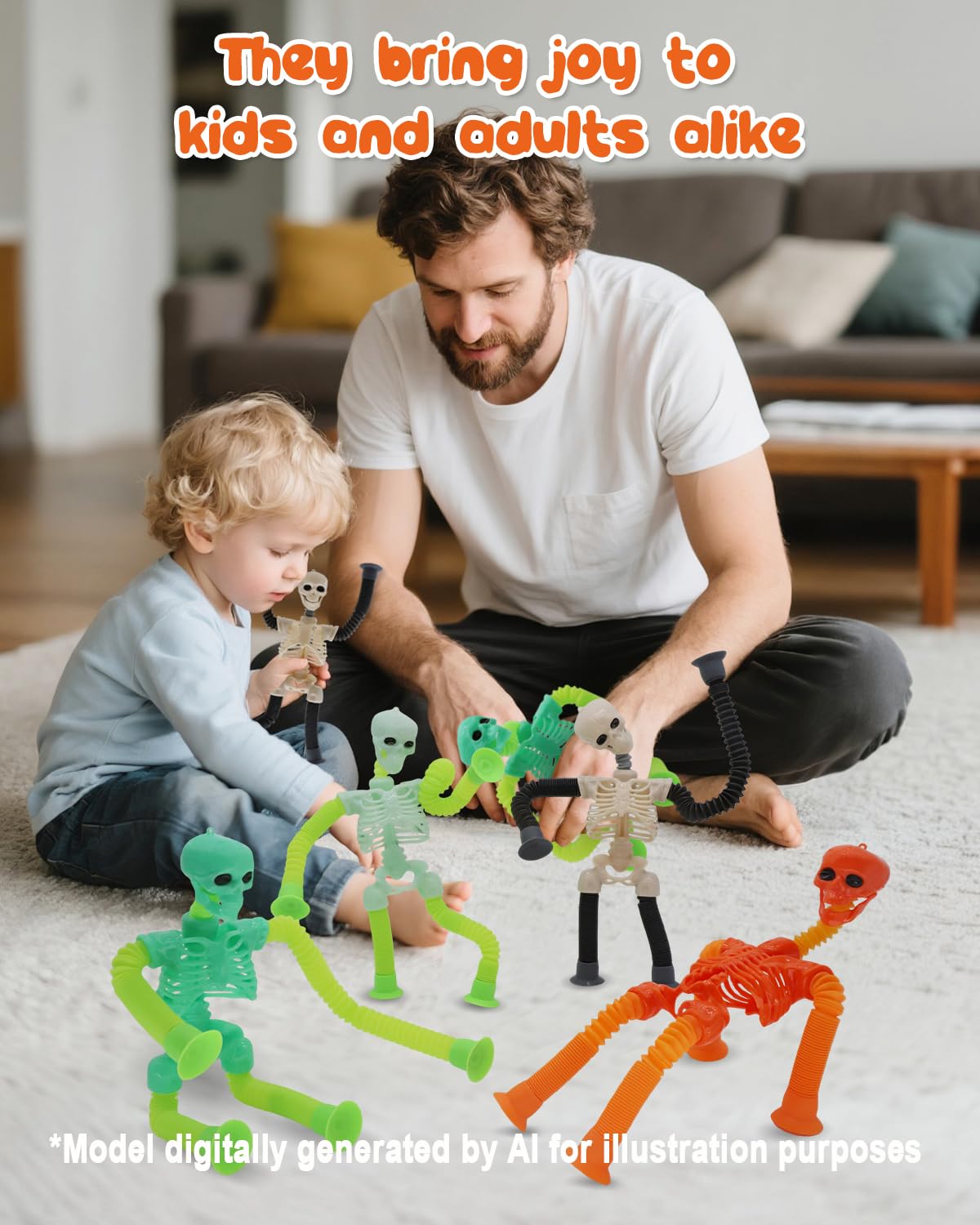 Whongkidz 4-Pack Skeleton Pop Tubes - Stretchy Sensory Fidget Toys with Suction Cups for Kids Age 3-9