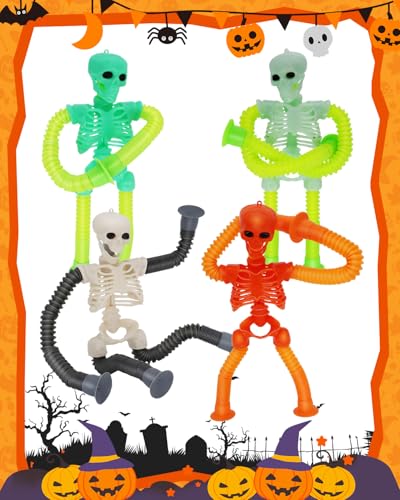 Whongkidz 4-Pack Skeleton Pop Tubes - Stretchy Sensory Fidget Toys with Suction Cups for Kids Age 3-9