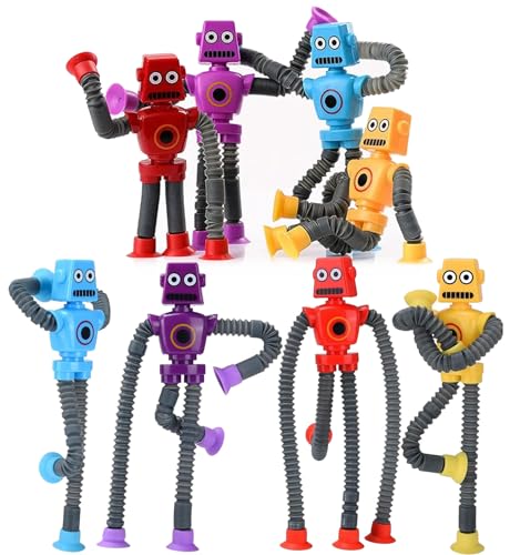 Whongkidz Pop Tubes Robot Toy Set (8-Pack) – Stretchy Fidget Toys with Suction Cups for Toddlers, Kids, Autism Sensory Play
