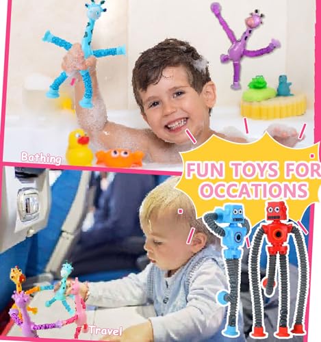 Whongkidz Pop Tubes Robot Toy Set (8-Pack) – Stretchy Fidget Toys with Suction Cups for Toddlers, Kids, Autism Sensory Play
