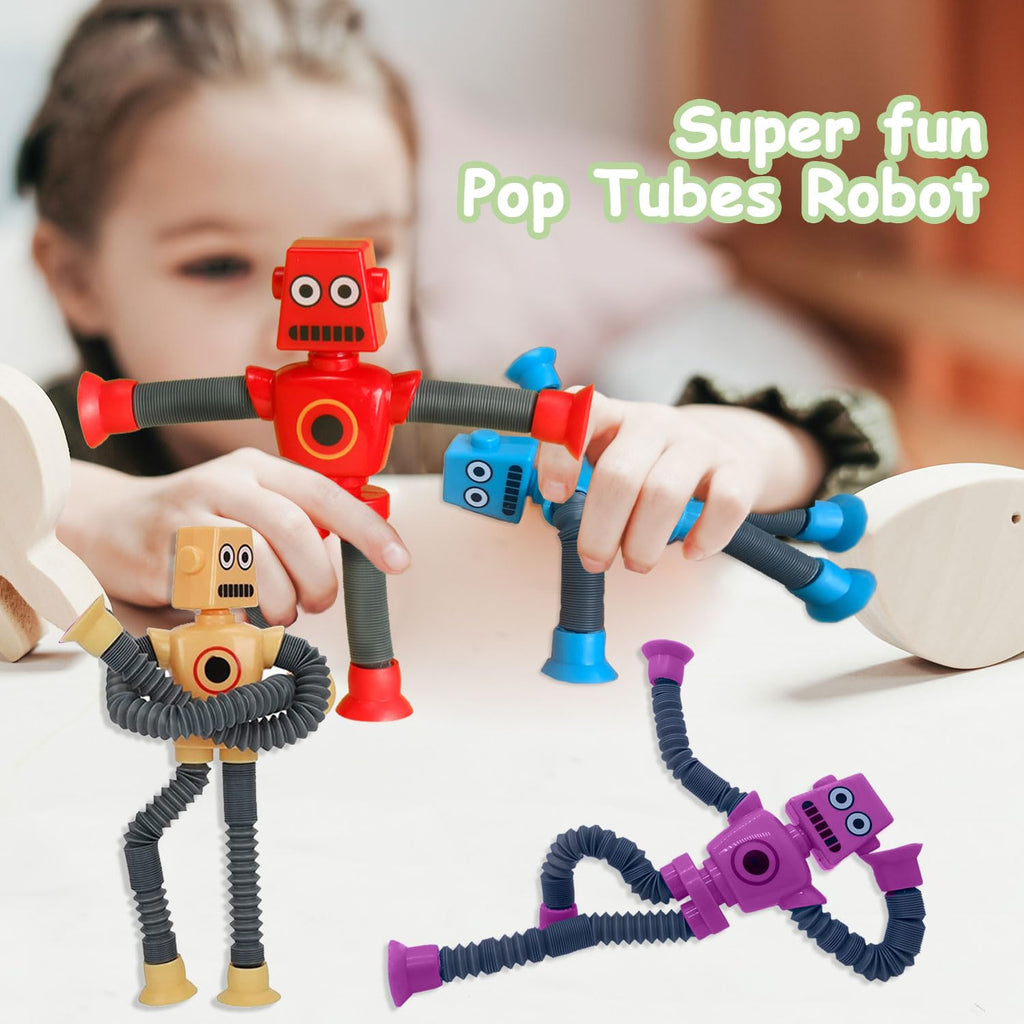 Whongkidz Pop Tubes Robot Toy Set (8-Pack) – Stretchy Fidget Toys with Suction Cups for Toddlers, Kids, Autism Sensory Play