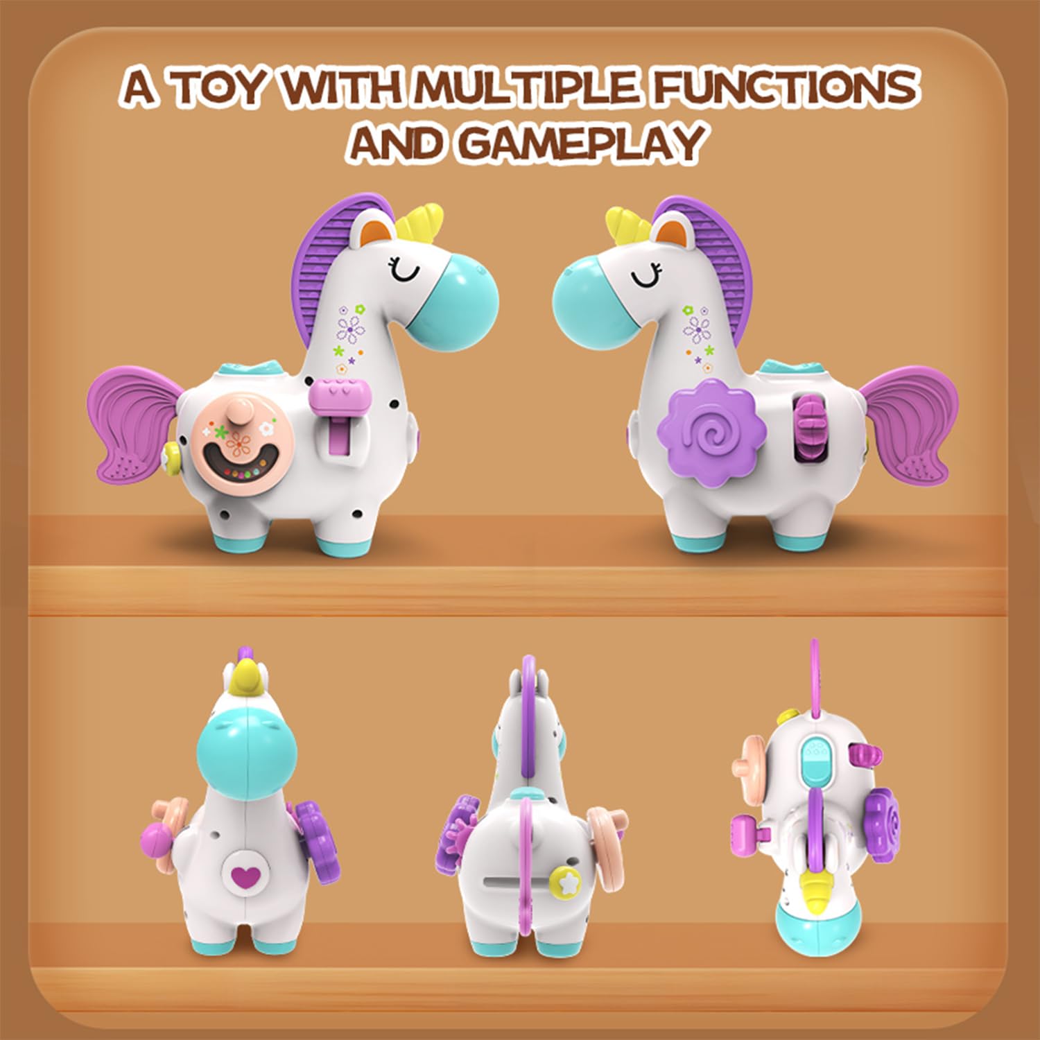 WIIBAAHO Montessori Busy Board for 1 Year Old – 8 Sensory Activities, Unicorn Design, BPA-Free ABS