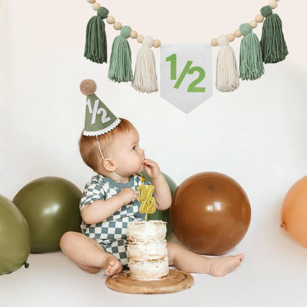 Wild Green Half Birthday Decoration Set - Tassel Banner, Hat, Candle for Baby Boy