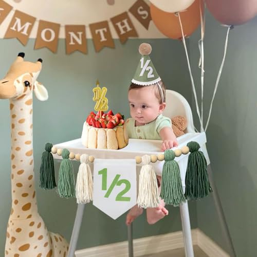 Wild Green Half Birthday Decoration Set - Tassel Banner, Hat, Candle for Baby Boy