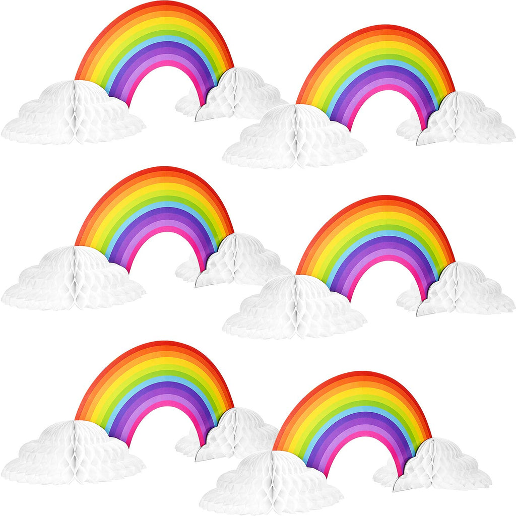WILLBOND 6-Piece Rainbow Honeycomb Paper Centerpieces - 16.5x8 Inch Party Table Decorations with Cloud Base