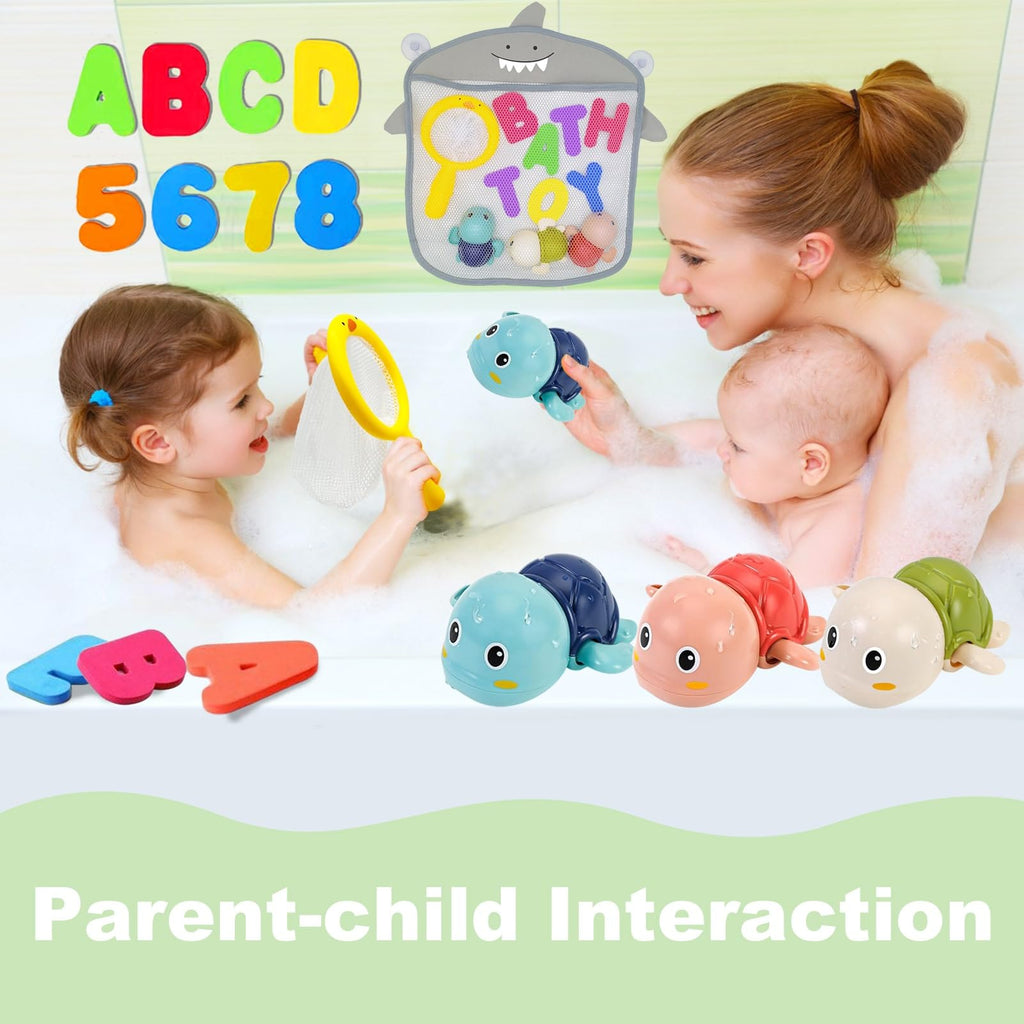 Wind-Up Turtle Bath Toys for Toddlers 1-3 – Foam Letters & Numbers with Storage