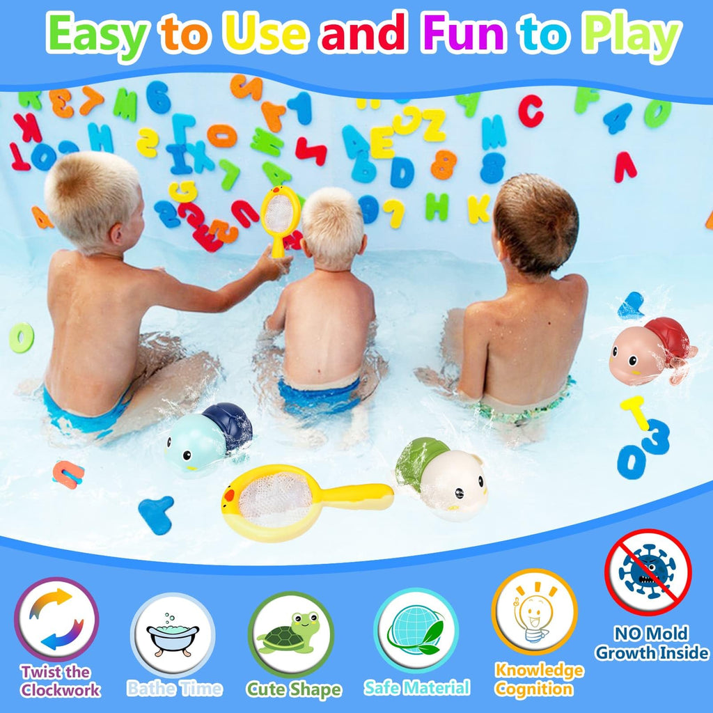 Wind-Up Turtle Bath Toys for Toddlers 1-3 – Foam Letters & Numbers with Storage