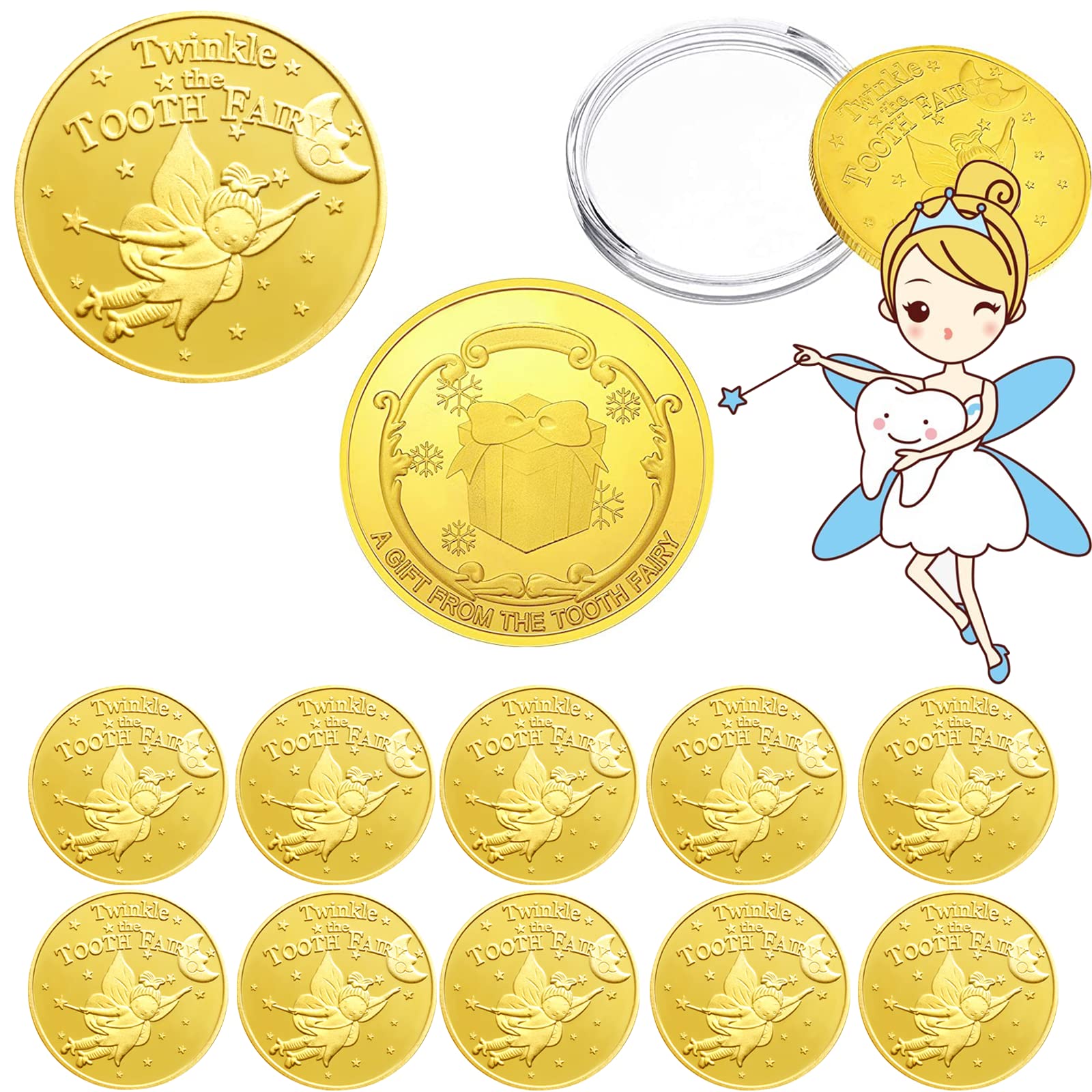 WINDSIUUU 10-Pack Tooth Fairy Coins - Gold Plated Metal Commemorative Coins for Lost Teeth, Kids Tooth Fairy Gifts