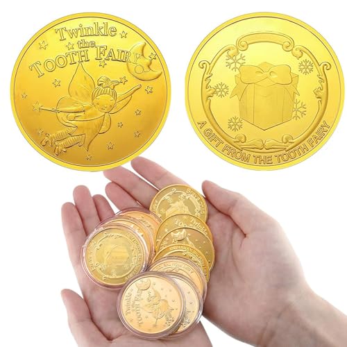 WINDSIUUU 10-Pack Tooth Fairy Coins - Gold Plated Metal Commemorative Coins for Lost Teeth, Kids Tooth Fairy Gifts