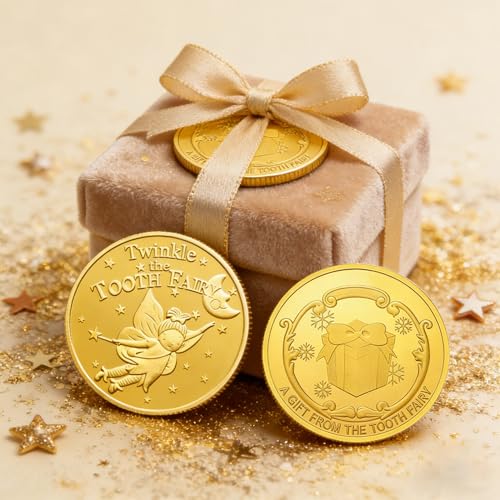 WINDSIUUU 10-Pack Tooth Fairy Coins - Gold Plated Metal Commemorative Coins for Lost Teeth, Kids Tooth Fairy Gifts