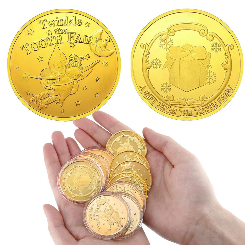 WINDSIUUU 10-Pack Tooth Fairy Coins - Gold Plated Metal Commemorative Coins for Lost Teeth, Kids Tooth Fairy Gifts
