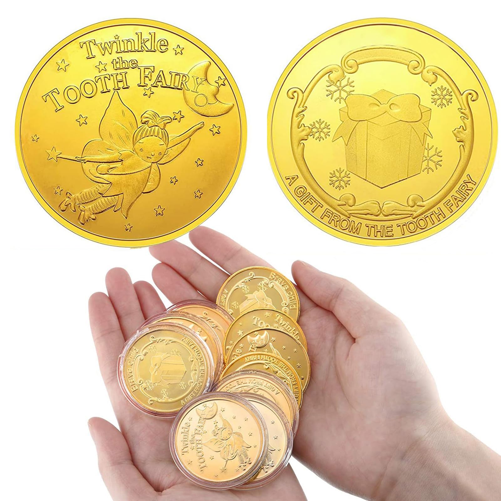 WINDSIUUU 10-Pack Tooth Fairy Coins - Gold Plated Metal Commemorative Coins for Lost Teeth, Kids Tooth Fairy Gifts