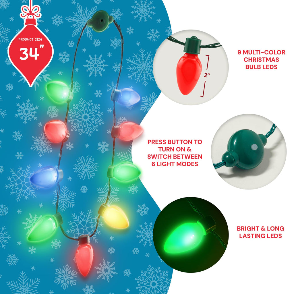 Windy City Novelties 4 Pack LED Christmas Bulb Necklace – 6 Light Modes, Battery Included, Reusable Holiday Accessory
