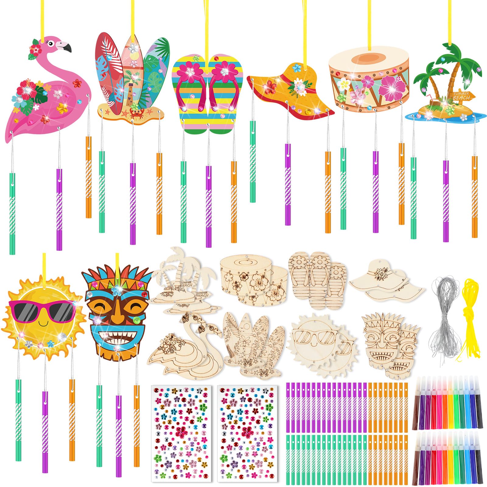 WinnerWhy 16-Pack DIY Summer Wind Chime Kit - Craft Flamingos, Tiki, Surfboards