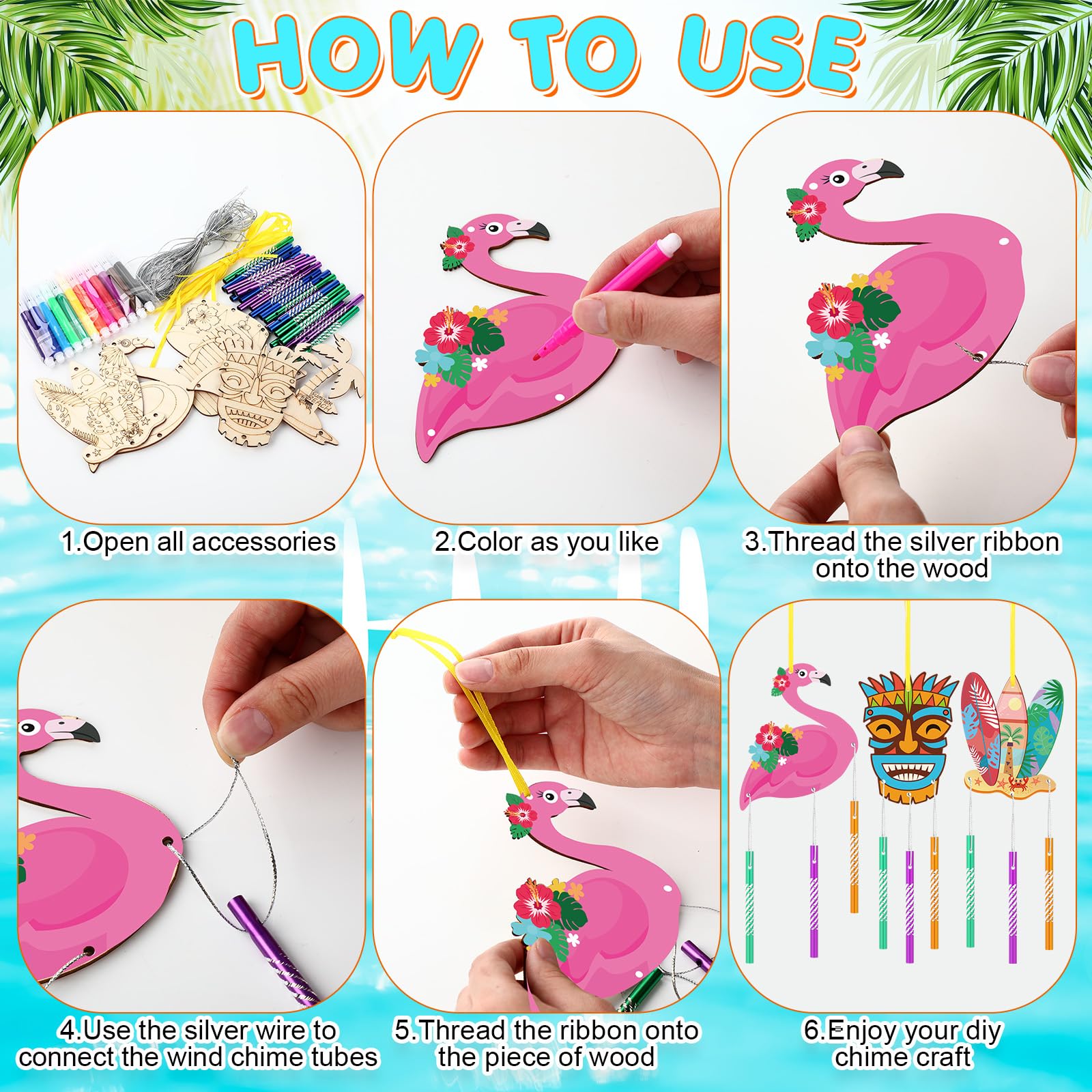 WinnerWhy 16-Pack DIY Summer Wind Chime Kit - Craft Flamingos, Tiki, Surfboards