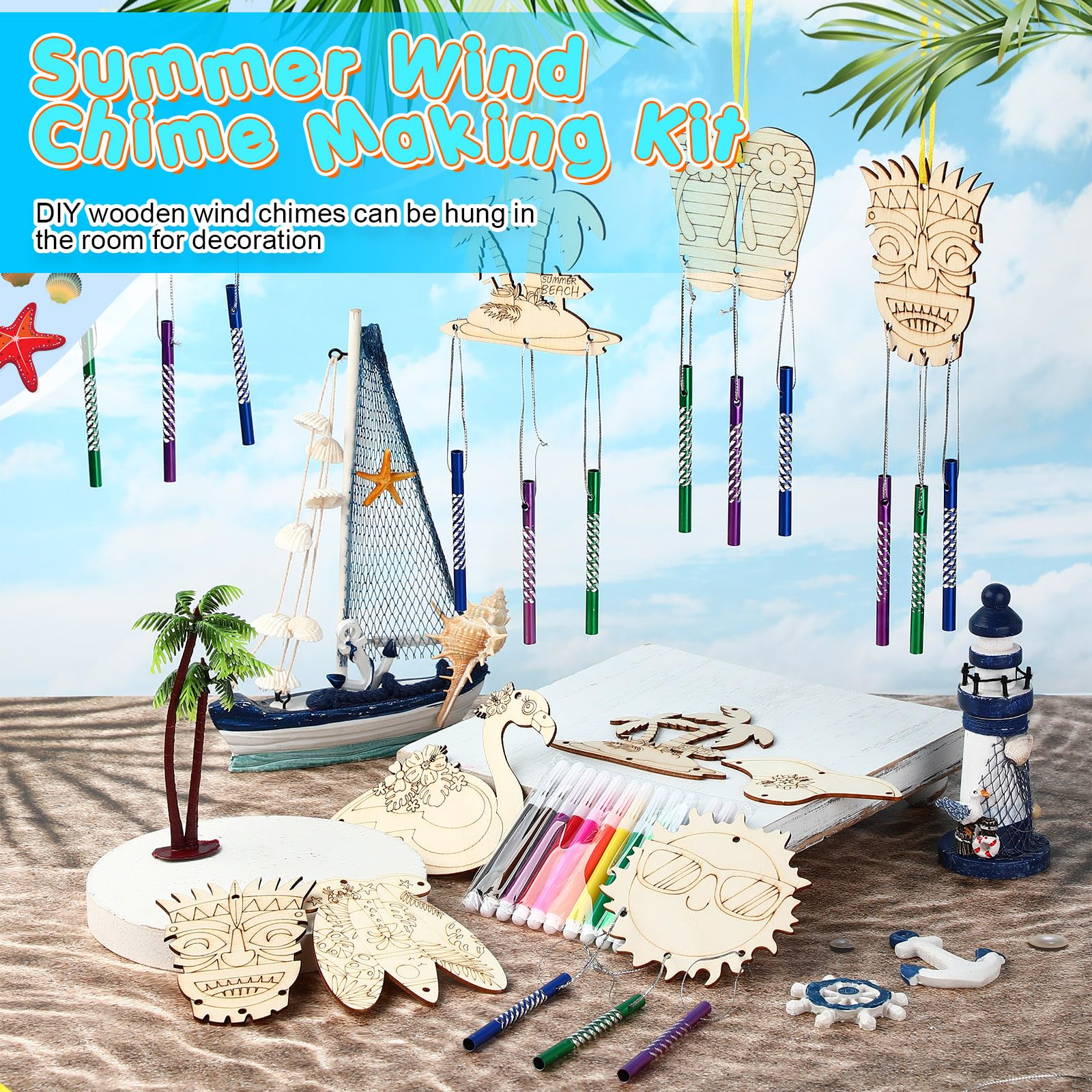 WinnerWhy 16-Pack DIY Summer Wind Chime Kit - Craft Flamingos, Tiki, Surfboards