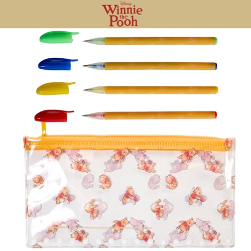 Winnie the Pooh Spiral Notebook Set with Gel Pens & Pencil Pouch - 96 Lined Pages, Tab Dividers, Yellow Vinyl Cover