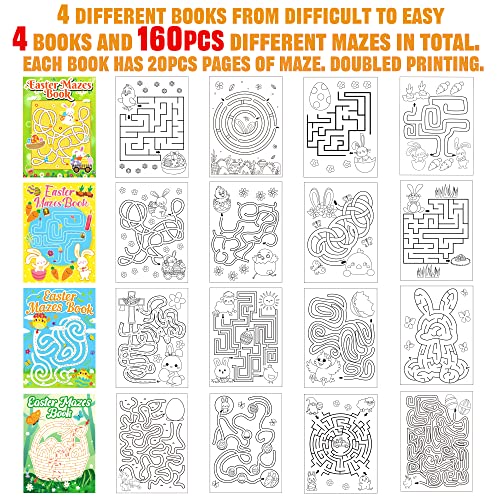 Winrain 4-Pack Easter Maze Books for Kids - 160 Mazes in 4 Difficulty Levels, Coloring Activities for Ages 3-12