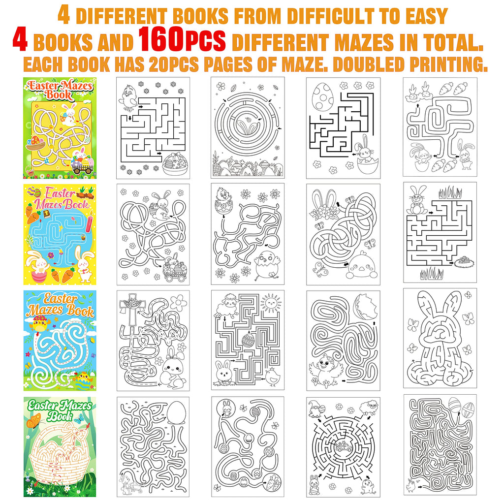 Winrain 4-Pack Easter Maze Books for Kids - 160 Mazes in 4 Difficulty Levels, Coloring Activities for Ages 3-12
