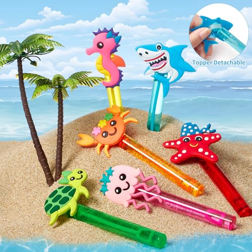 Winrayk 24-Pack Ocean Animal Mini Bubble Wands for Under the Sea Party Favors, Bulk Bubble Wands with Detachable Toppers, 6 Styles & Colors, Summer Pool Birthday Goody Bag Stuffers