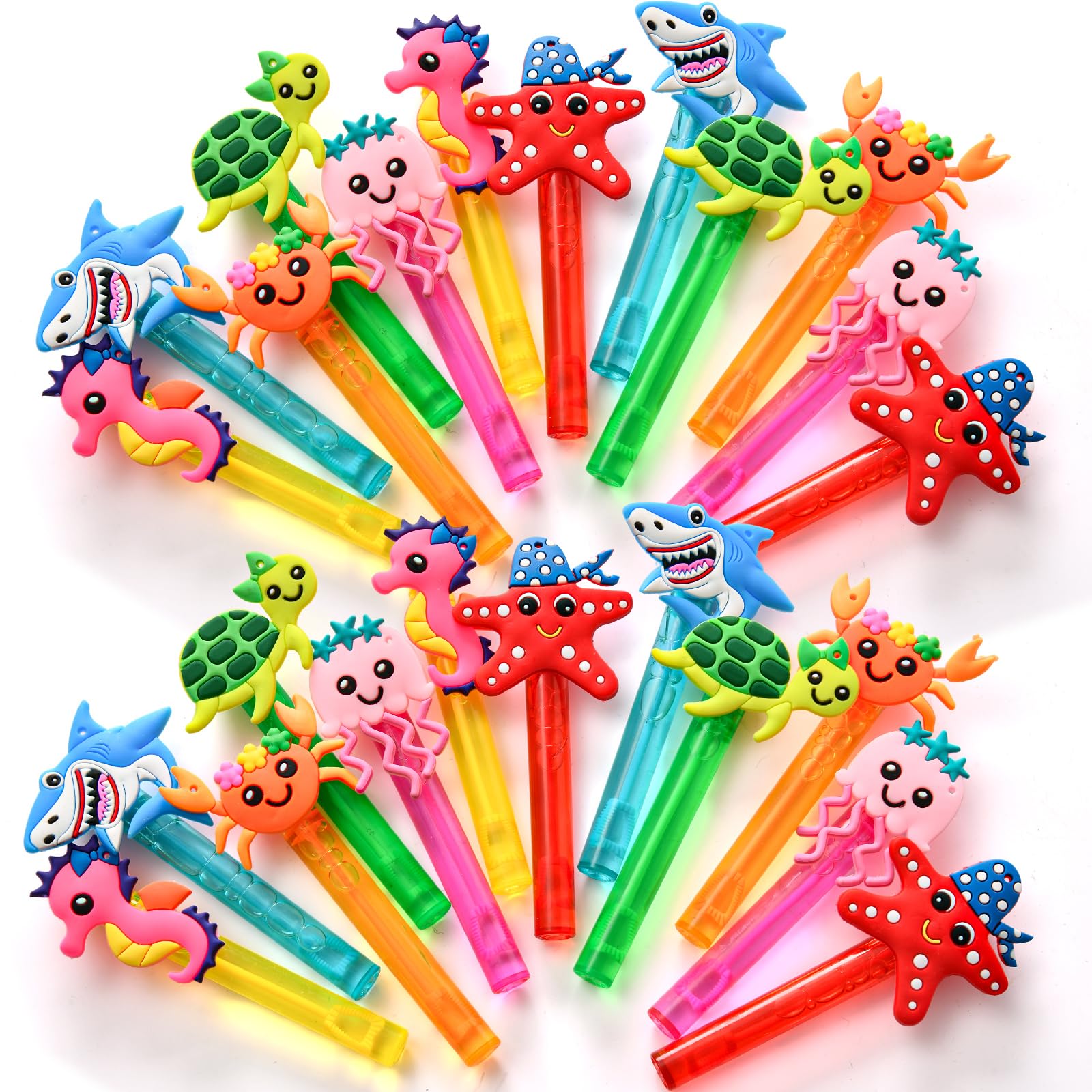 Winrayk 24-Pack Ocean Animal Mini Bubble Wands for Under the Sea Party Favors, Bulk Bubble Wands with Detachable Toppers, 6 Styles & Colors, Summer Pool Birthday Goody Bag Stuffers