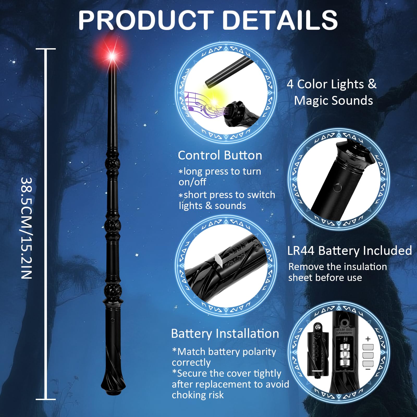 WinSence Light Up Magic Wizard Wand with Sounds & 4 Colors, 2 Pack (Black & Brown) for Kids Cosplay