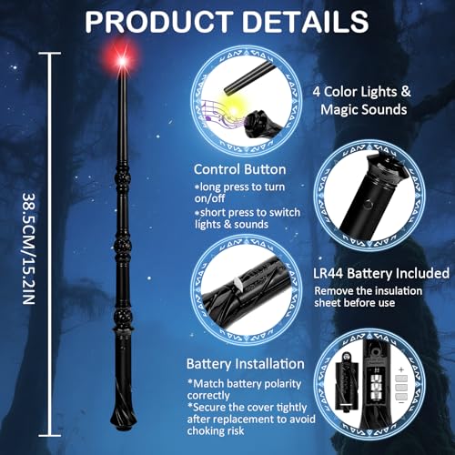 WinSence Light Up Magic Wizard Wand with Sounds & 4 Colors, 2 Pack (Black & Brown) for Kids Cosplay