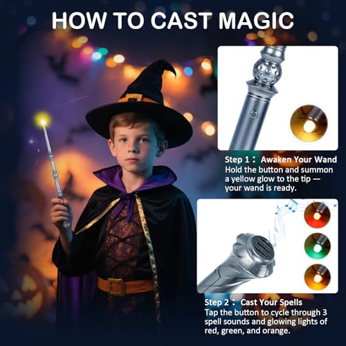 WinSence Light-Up Magic Wizard Wands 2-Pack – 15.2-Inch Illuminating Wands with Sounds & 4 Colors for Kids Cosplay