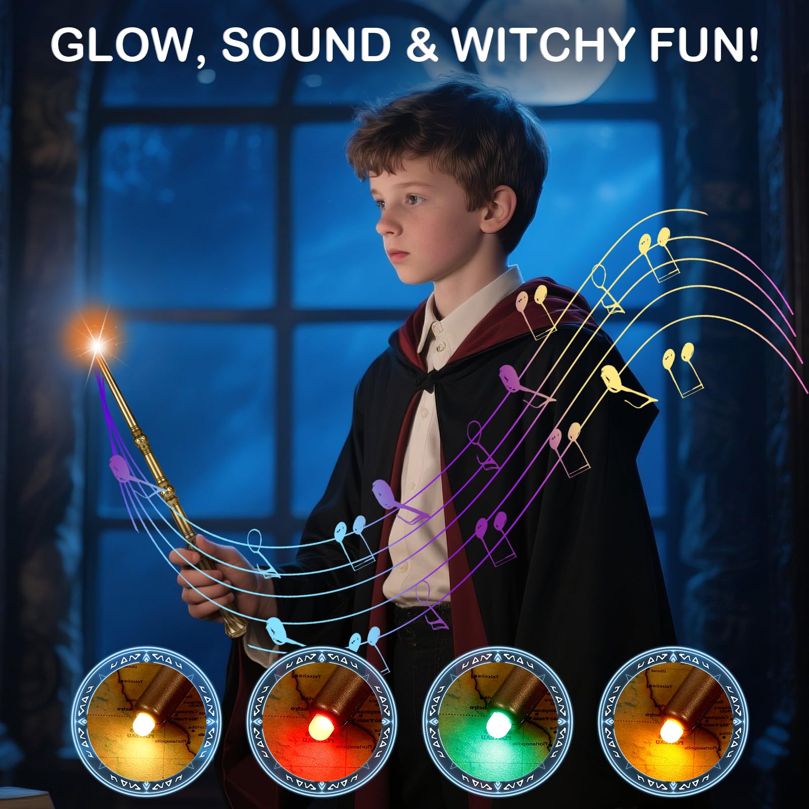 WinSence Light-Up Magic Wizard Wands 2-Pack – 15.2-Inch Illuminating Wands with Sounds & 4 Colors for Kids Cosplay