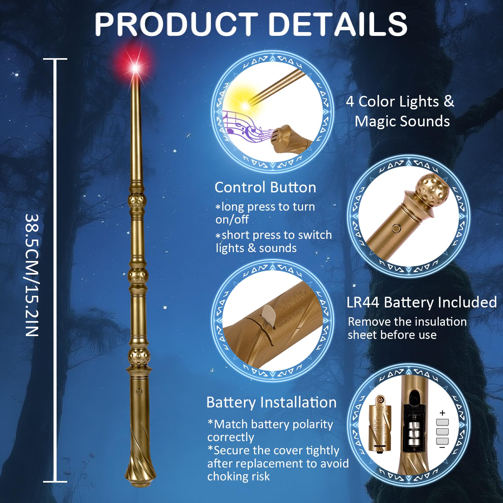 WinSence Light-Up Magic Wizard Wands 2-Pack – 15.2-Inch Illuminating Wands with Sounds & 4 Colors for Kids Cosplay