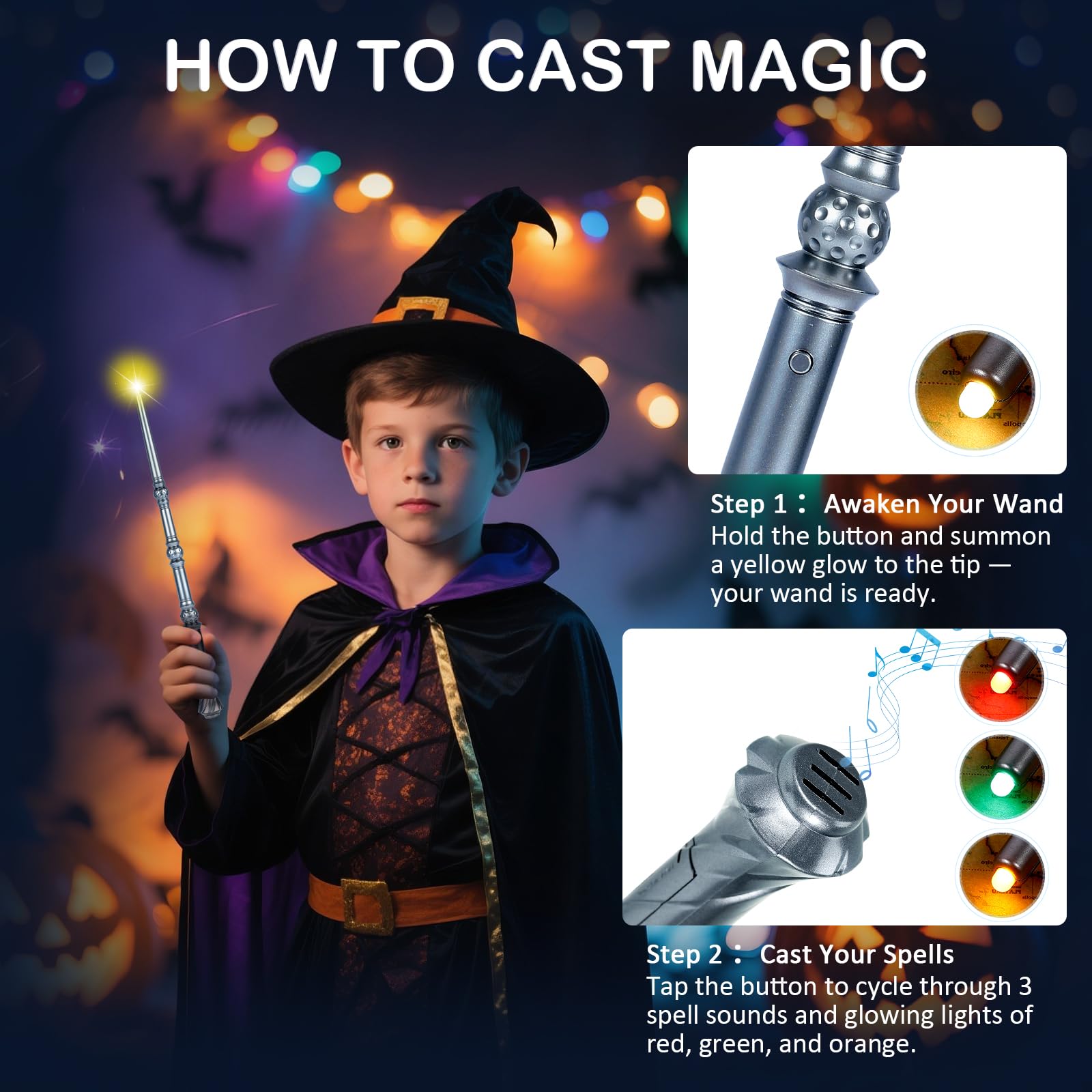 WinSence Light-Up Magic Wizard Wands 2-Pack – 15.2-Inch Illuminating Wands with Sounds & 4 Colors for Kids Cosplay