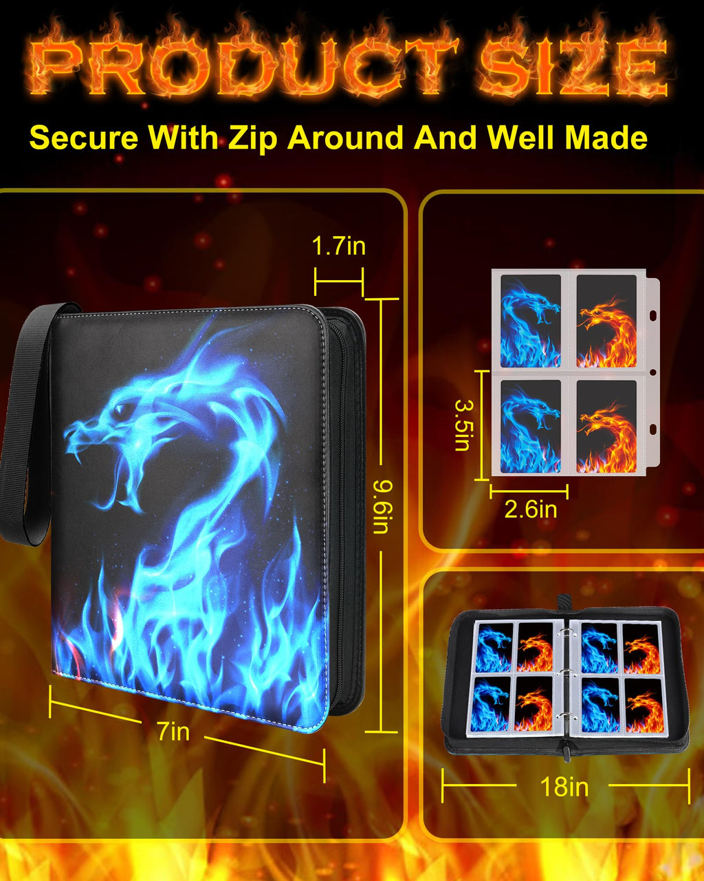 Winsing 400-Pocket Card Binder with 50 Removable Sheets – Yellow Blue Dragon Design for MTG, YuGiOh, Baseball Cards