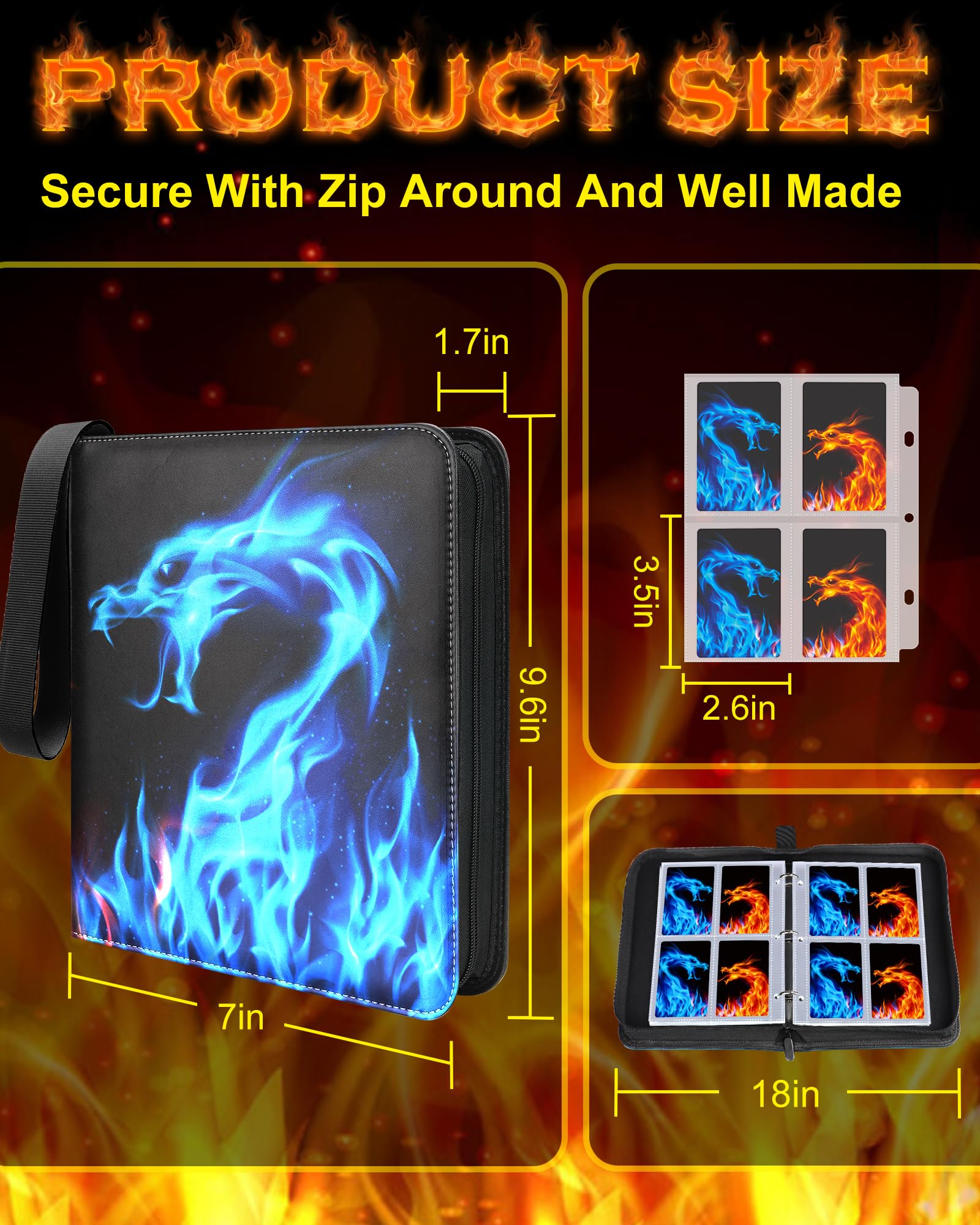 Winsing 400-Pocket Card Binder with 50 Removable Sheets – Yellow Blue Dragon Design for MTG, YuGiOh, Baseball Cards