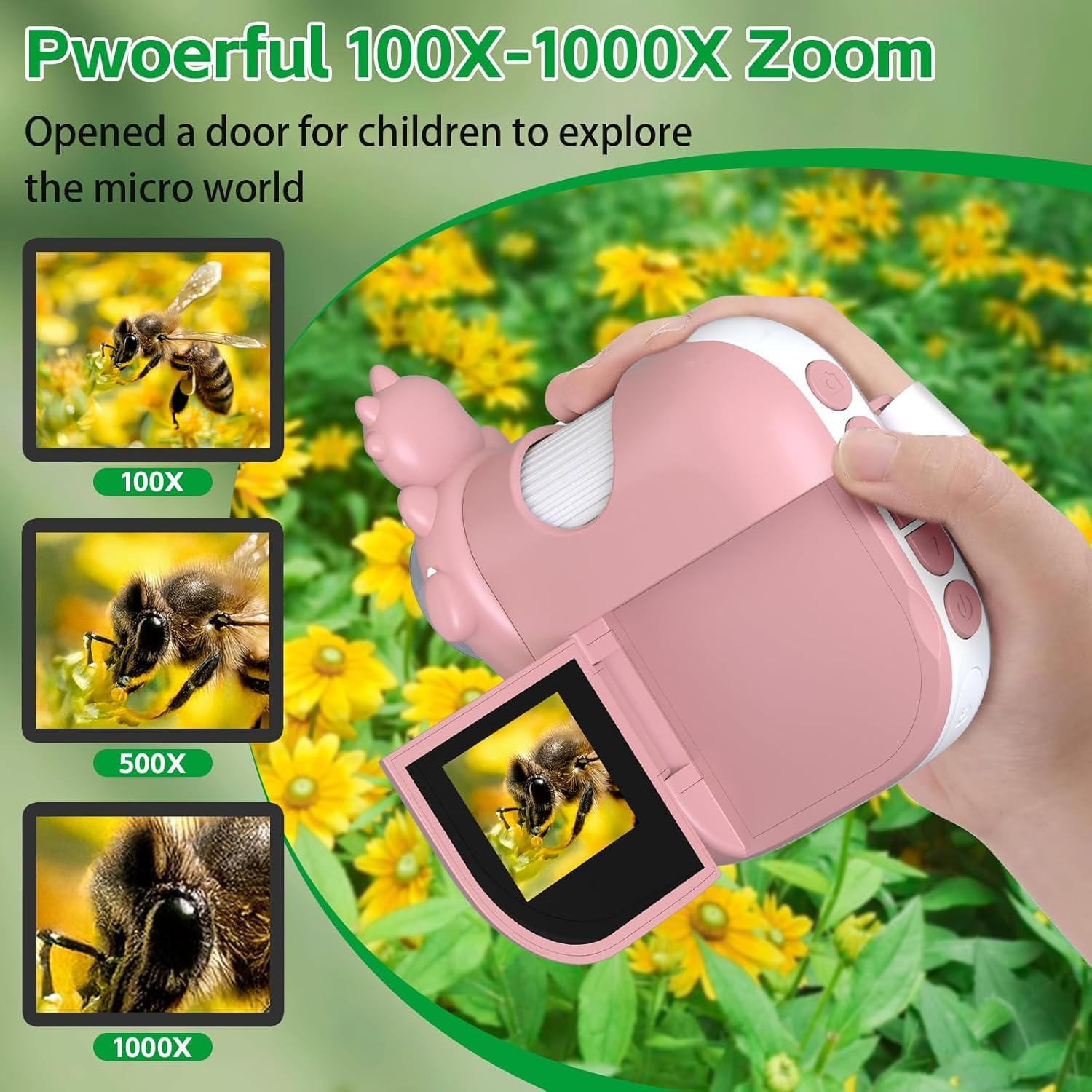 WINWEND Kids Digital Microscope 2-Inch 1000X Zoom, Handheld Camera, Pink – Educational Gift for Ages 3-12
