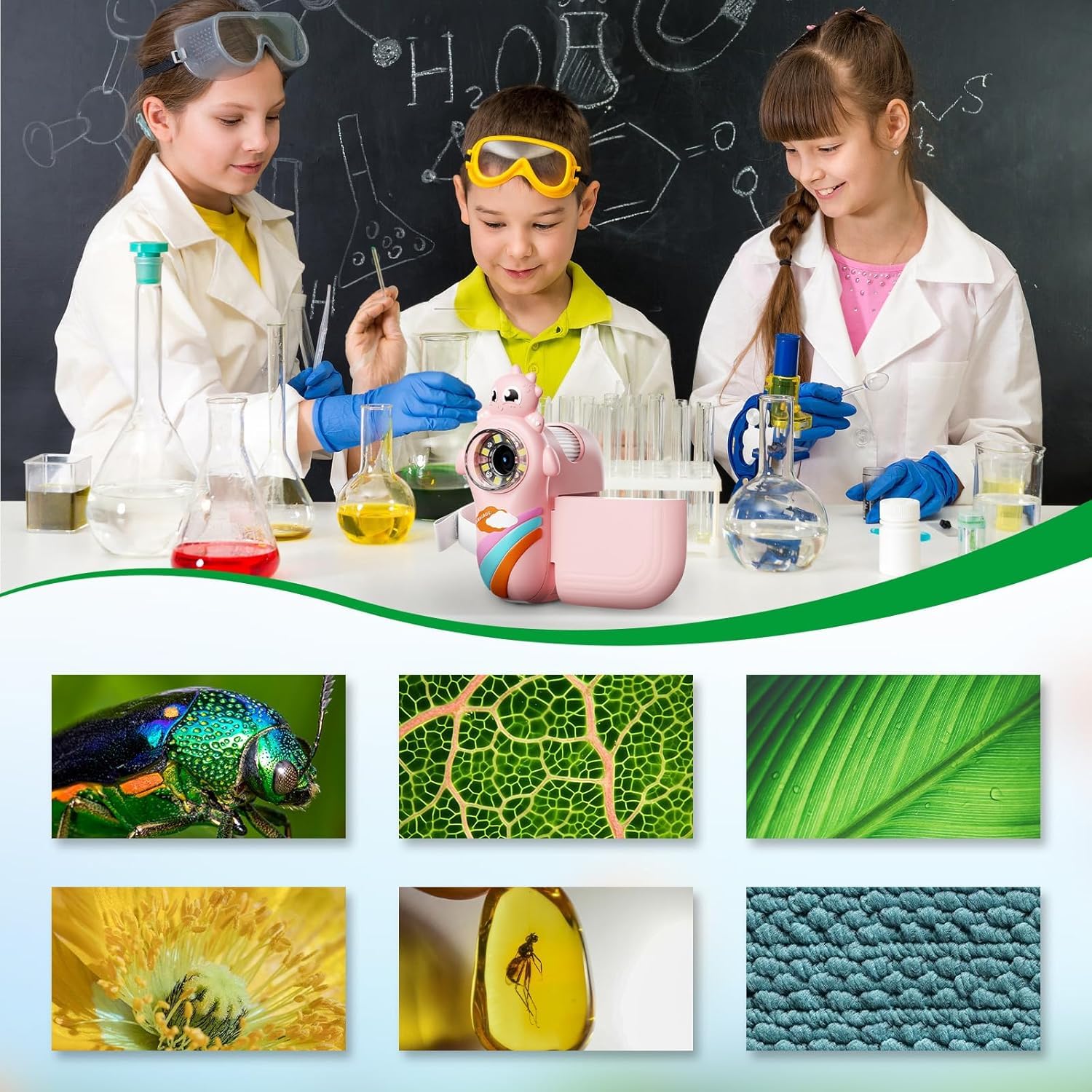 WINWEND Kids Digital Microscope 2-Inch 1000X Zoom, Handheld Camera, Pink – Educational Gift for Ages 3-12