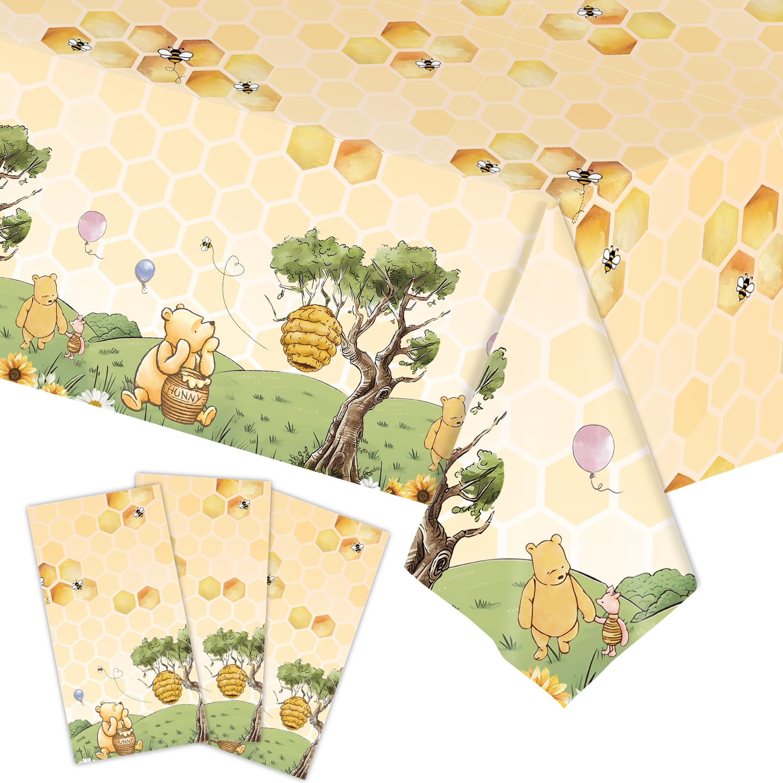 WISSLERMER 3-Pack Yellow Teddy Bear Disposable Plastic Tablecloths 54x108 Inches for Baby Shower Party